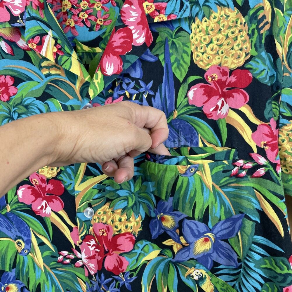 Royal Creations Hawaiian Pink Green Floral Birds Mens Shirt Sz L Made in Hawaii - Picture 3 of 10